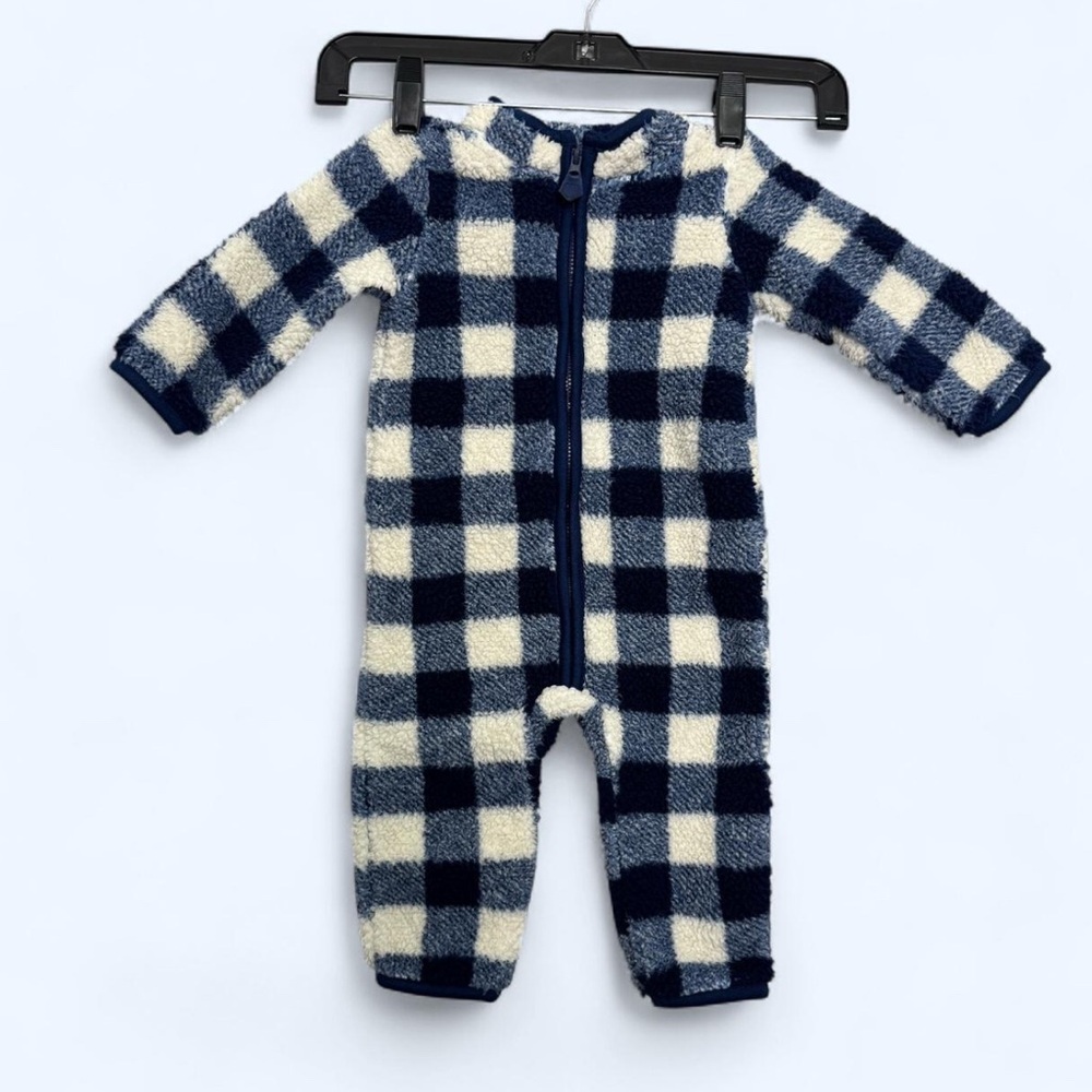 Carter's Baby Bodysuit Sz 9 Months Blue White Plaid Checkered Winter Fleece Zip